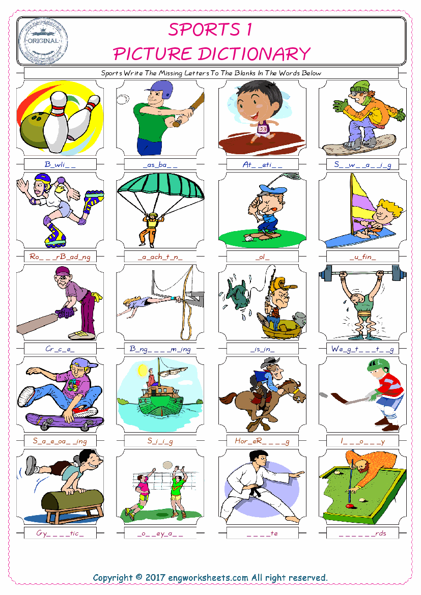  Sports Words English worksheets For kids, the ESL Worksheet for finding and typing the missing letters of Sports Words 